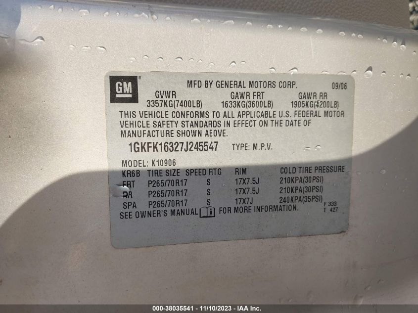 2007 GMC Yukon Xl Slt VIN: 1GKFK16327J245547 Lot: 38035541