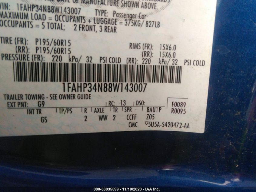 1FAHP34N88W143007 2008 Ford Focus S