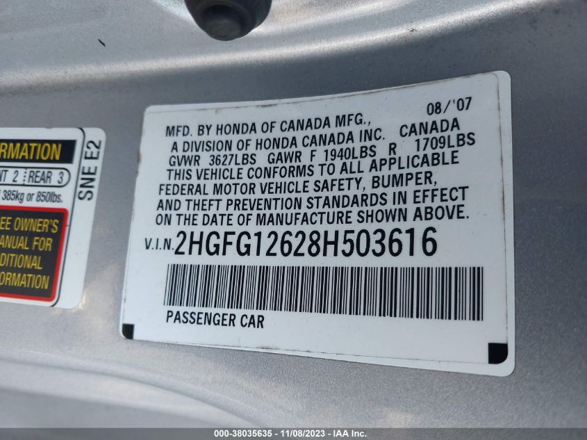 2008 Honda Civic Cpe Lx VIN: 2HGFG12628H503616 Lot: 38035635