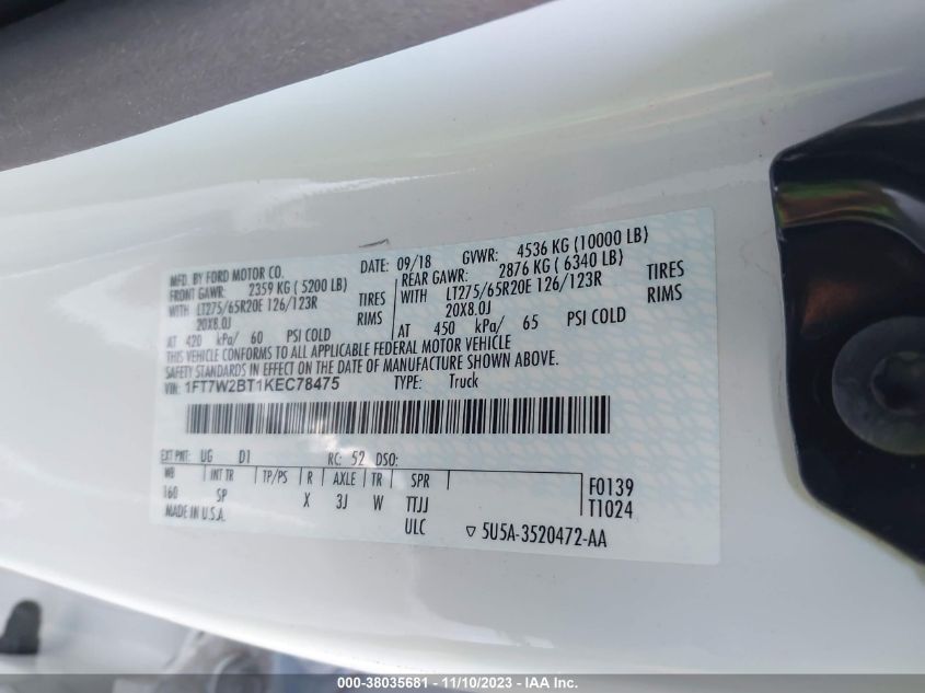 2019 Ford F-250 King Ranch VIN: 1FT7W2BT1KEC78475 Lot: 38035681