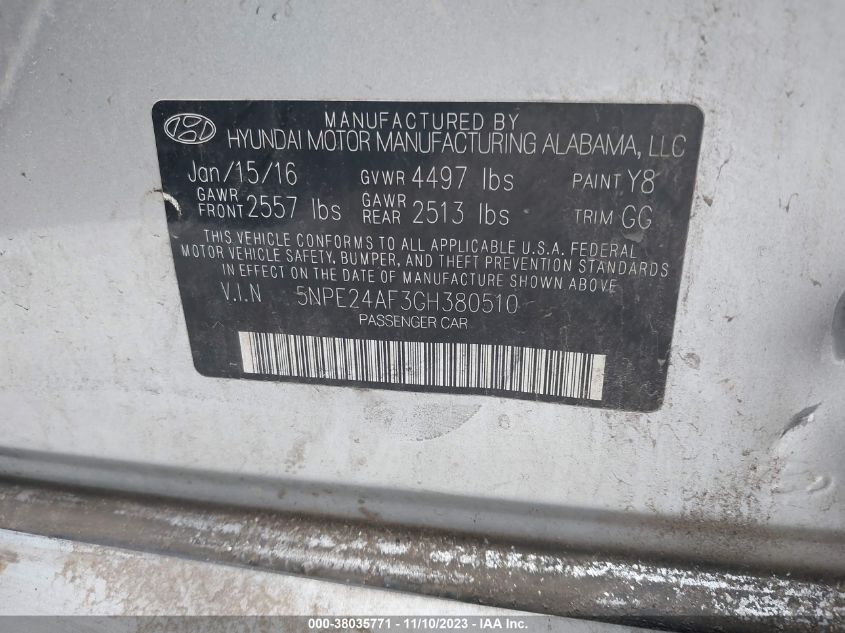 2016 Hyundai Sonata Se VIN: 5NPE24AF3GH380510 Lot: 38035771