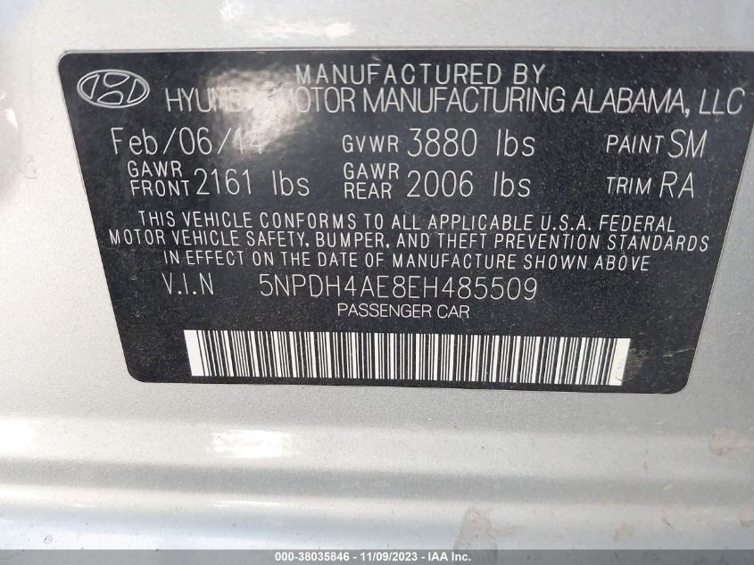 5NPDH4AE8EH485509 2014 Hyundai Elantra Se