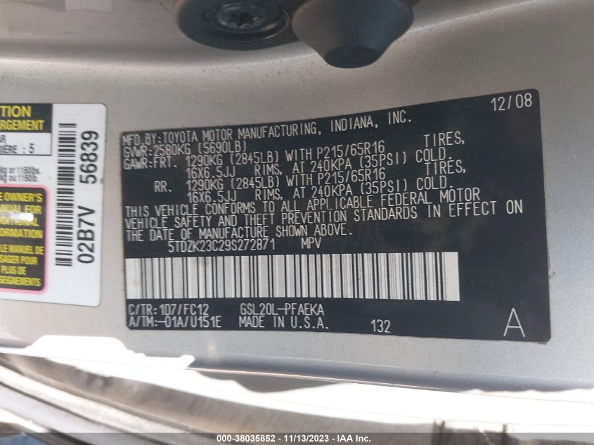 2009 Toyota Sienna Le VIN: 5TDZK23C29S272871 Lot: 38035852