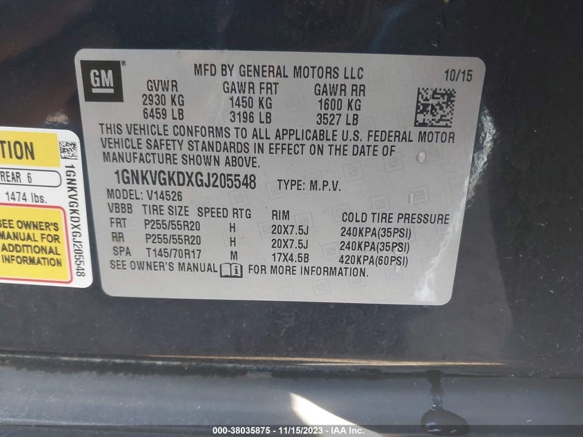 2016 Chevrolet Traverse 1Lt VIN: 1GNKVGKDXGJ205548 Lot: 38035875