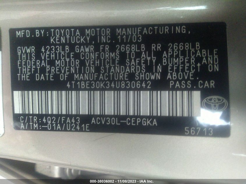 4T1BE30K34U830642 2004 Toyota Camry Xle