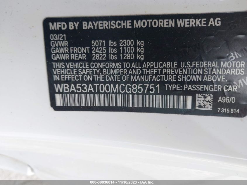 2021 BMW 4 Series M440I VIN: WBA53AT00MCG85751 Lot: 38036014