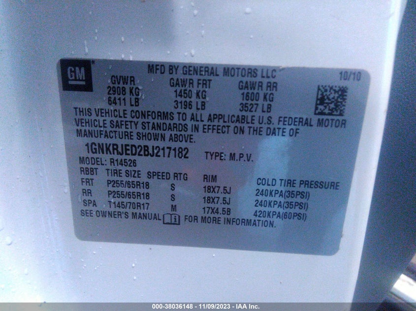 2011 Chevrolet Traverse Lt W/2Lt VIN: 1GNKRJED2BJ217182 Lot: 38036148