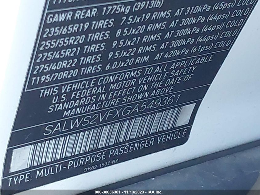 2016 Land Rover Range Rover Sport 3.0L V6 Supercharged Hse VIN: SALWS2VFXGA549361 Lot: 38036301