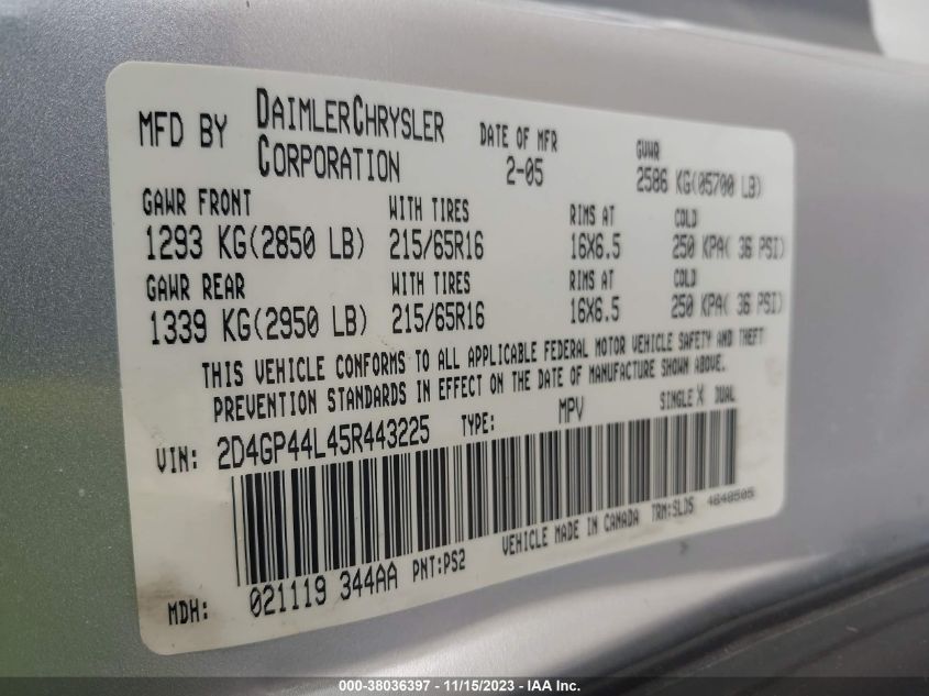 2005 Dodge Grand Caravan Sxt VIN: 2D4GP44L45R443225 Lot: 38036397