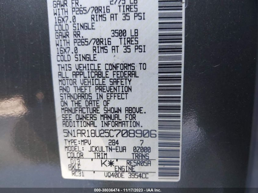 2005 Nissan Pathfinder Se VIN: 5N1AR18U25C708906 Lot: 38036474