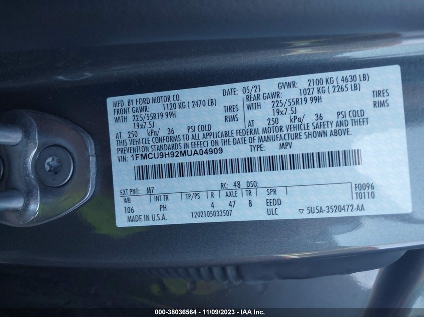 2021 FORD ESCAPE SEL VIN: 1FMCU9H92MUA04909