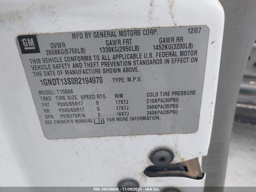 2008 Chevrolet Trailblazer Fleet VIN: 1GNDT13S082194970 Lot: 38036600