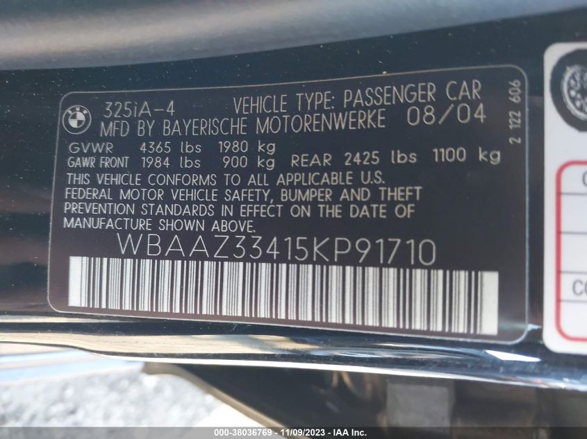 2005 BMW 325I VIN: WBAAZ33415KP91710 Lot: 38036769