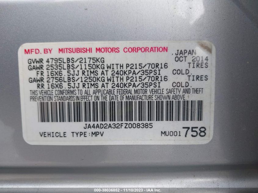 2015 Mitsubishi Outlander Es VIN: JA4AD2A32FZ008385 Lot: 38036852