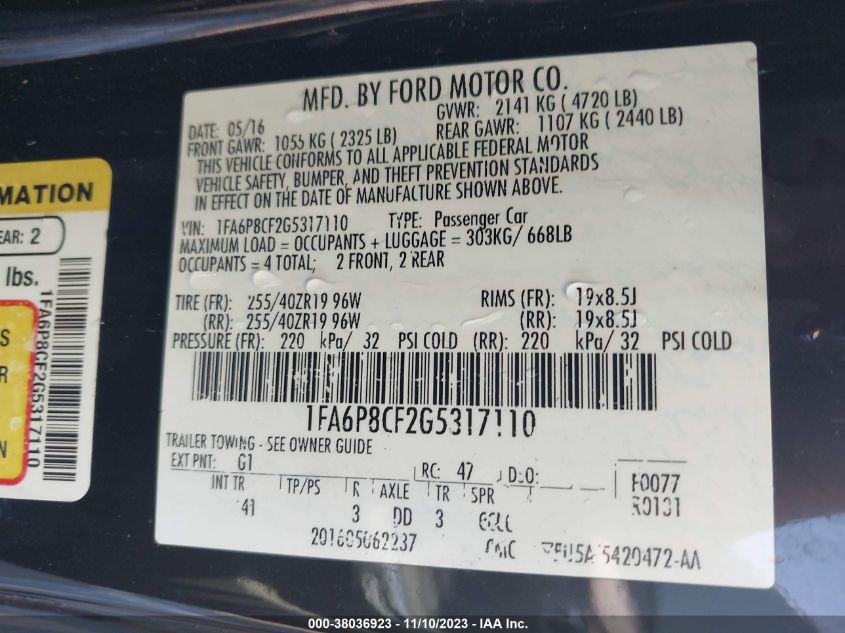 2016 Ford Mustang Gt Premium VIN: 1FA6P8CF2G5317110 Lot: 38036923
