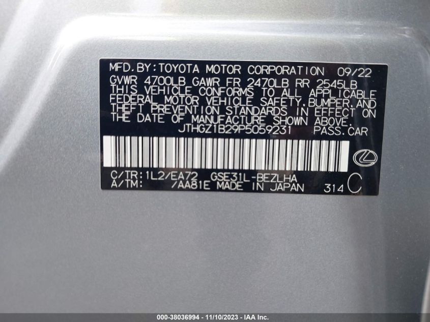 2023 Lexus Is 350 F Sport VIN: JTHGZ1B29P5059231 Lot: 38036994