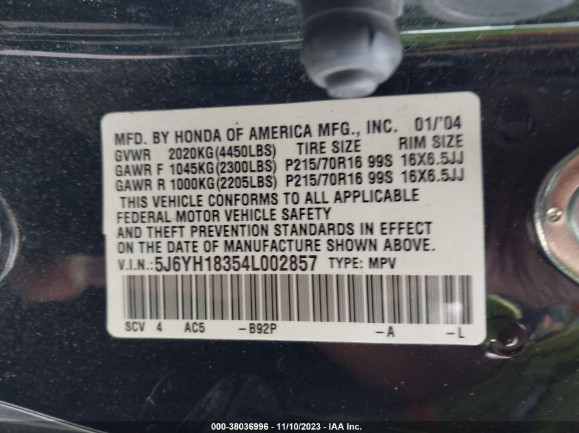 2004 Honda Element Lx VIN: 5J6YH18354L002857 Lot: 38036996