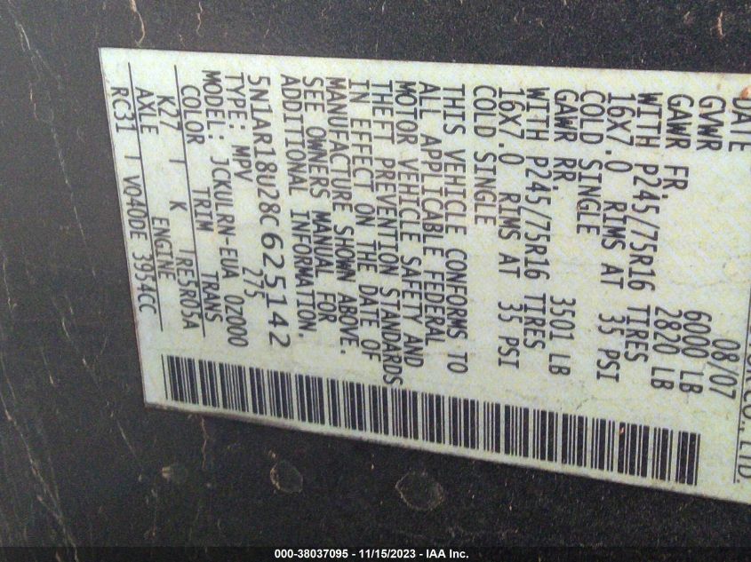 2008 Nissan Pathfinder S VIN: 5N1AR18U28C625142 Lot: 38037095