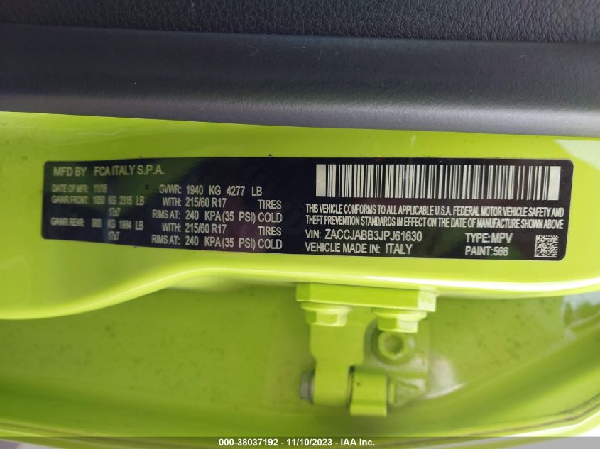 2018 Jeep Renegade Latitude VIN: ZACCJABB3JPJ61630 Lot: 38037192