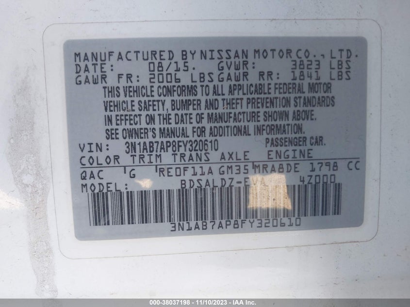 2015 Nissan Sentra Sv VIN: 3N1AB7AP8FY320610 Lot: 38037198