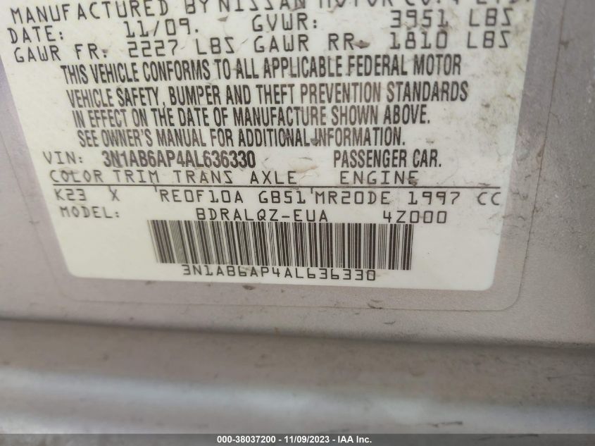 2010 Nissan Sentra 2.0 VIN: 3N1AB6AP4AL636330 Lot: 38037200