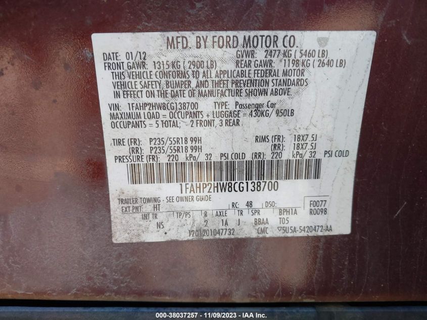 2012 Ford Taurus Sel VIN: 1FAHP2HW8CG138700 Lot: 38037257