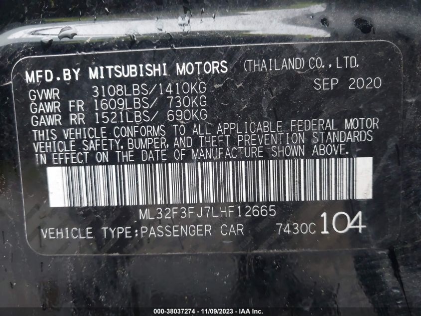 2020 Mitsubishi Mirage G4 Es VIN: ML32F3FJ7LHF12665 Lot: 38037274