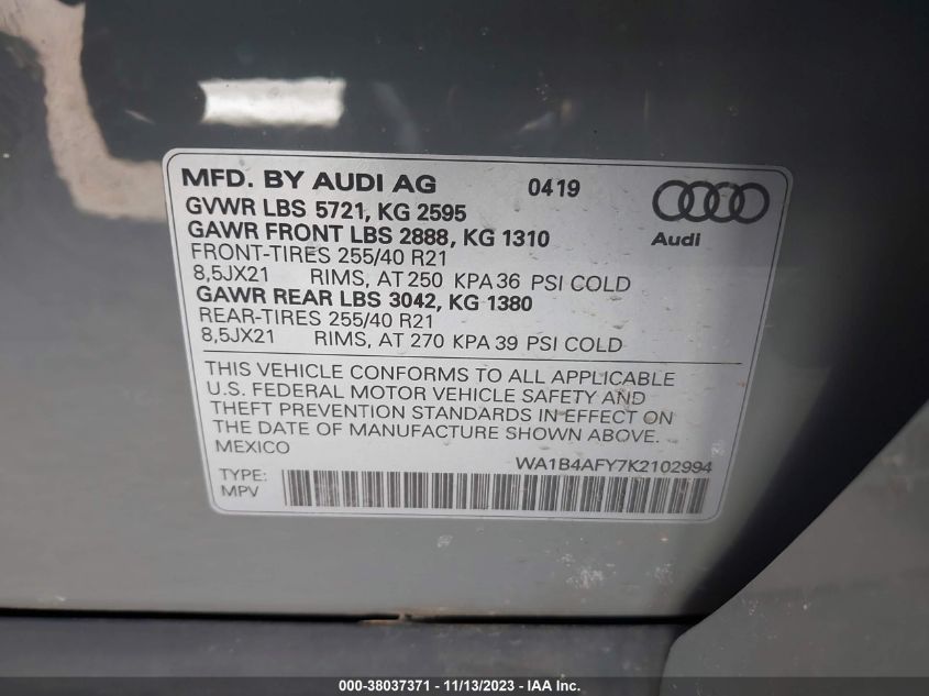 2019 Audi Sq5 3.0T Premium VIN: WA1B4AFY7K2102994 Lot: 38037371