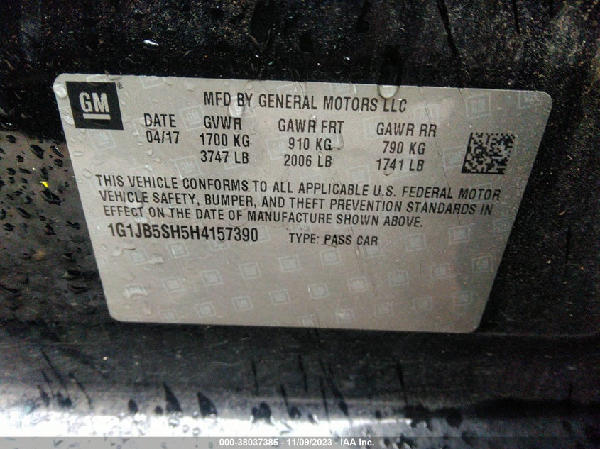 2017 Chevrolet Sonic Ls Auto VIN: 1G1JB5SH5H4157390 Lot: 38037385