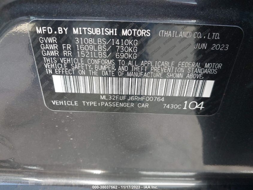 2024 Mitsubishi Mirage G4 Es/Le/Black Edition VIN: ML32FUFJ6RHF00764 Lot: 38037562