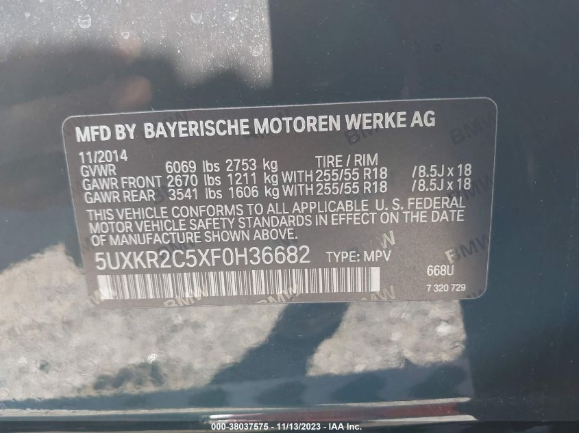 2015 BMW X5 Sdrive35I VIN: 5UXKR2C5XF0H36682 Lot: 38037575