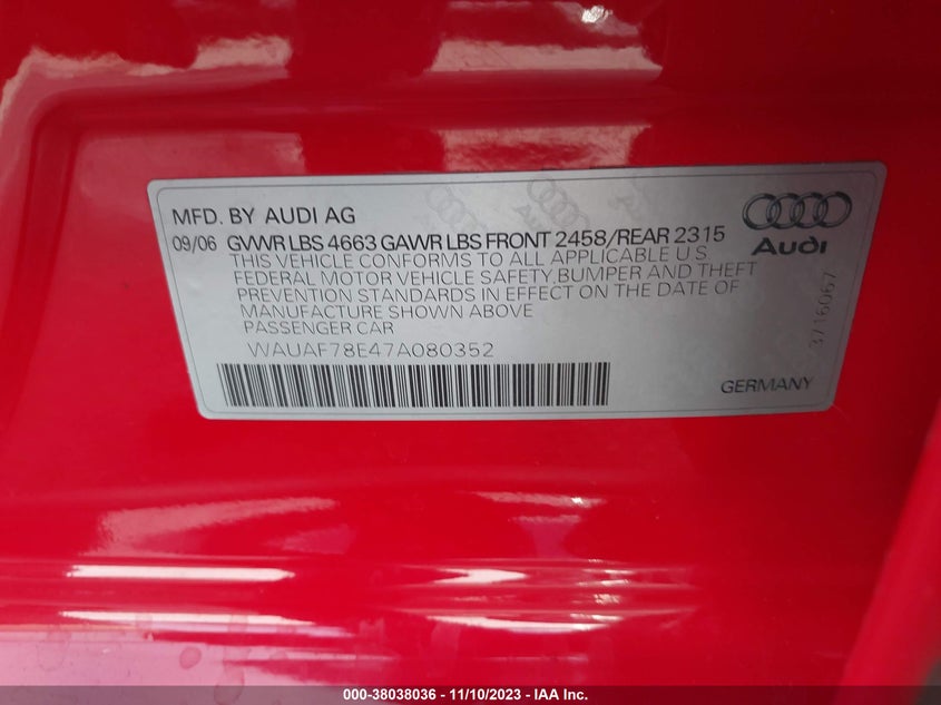 2007 Audi A4 2.0T VIN: WAUAF78E47A080352 Lot: 38038036