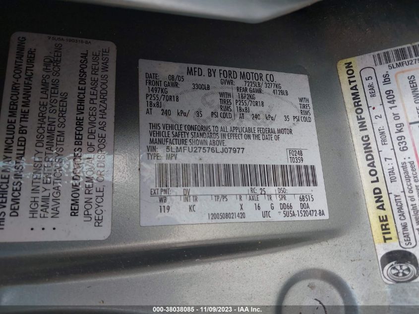 2006 Lincoln Navigator Luxury/Ultimate VIN: 5LMFU27576LJ07977 Lot: 38038085