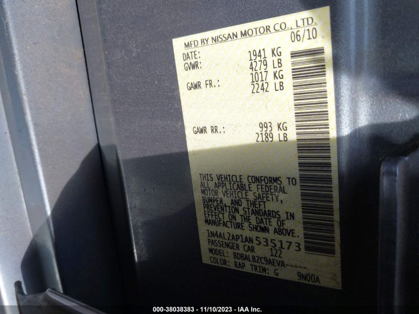 2010 Nissan Altima 2.5 S VIN: 1N4AL2AP1AN535173 Lot: 38038383