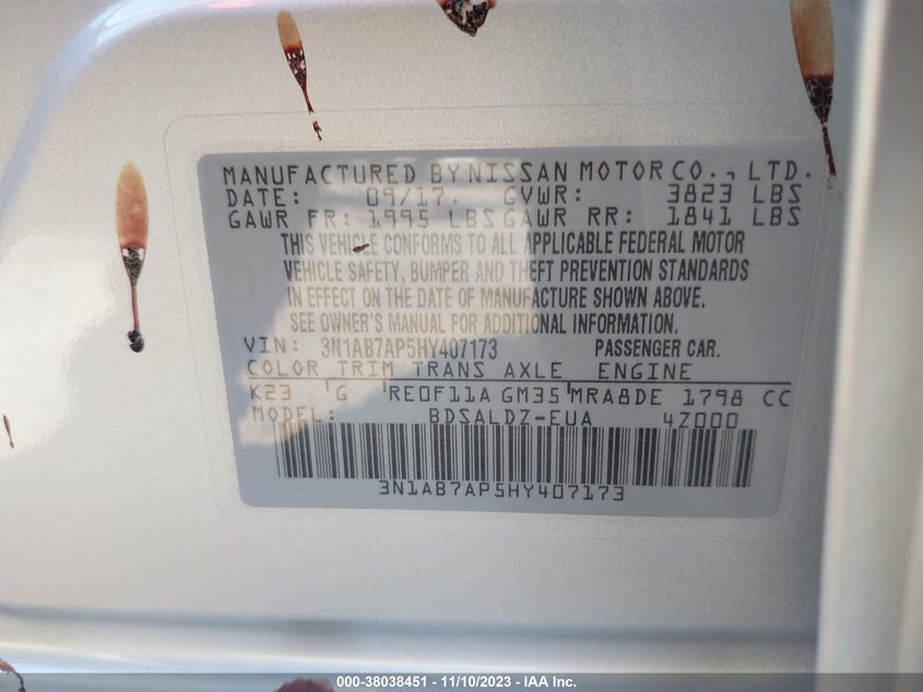 2017 Nissan Sentra Sv VIN: 3N1AB7AP5HY407173 Lot: 38038451