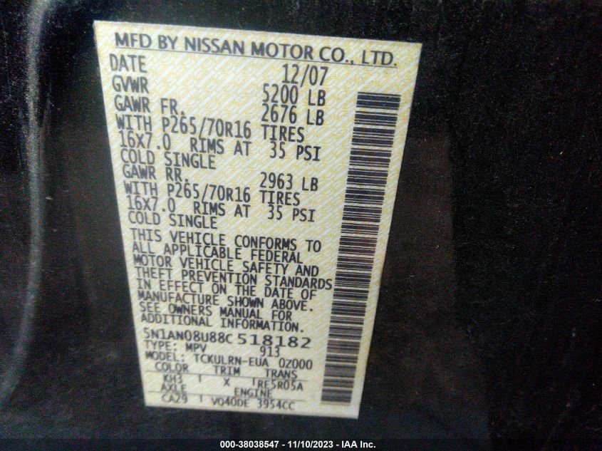 2008 Nissan Xterra S VIN: 5N1AN08U88C518182 Lot: 38038547