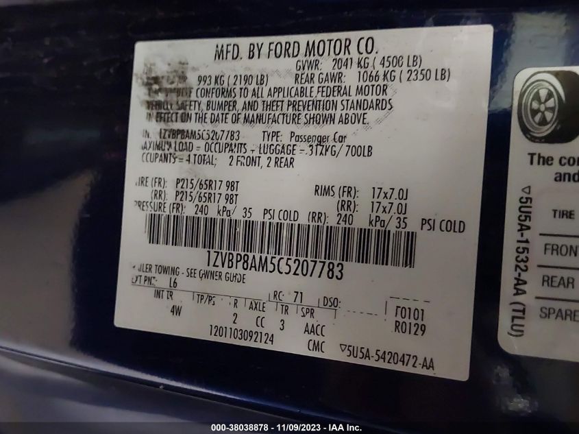 2012 Ford Mustang V6 VIN: 1ZVBP8AM5C5207783 Lot: 38038878