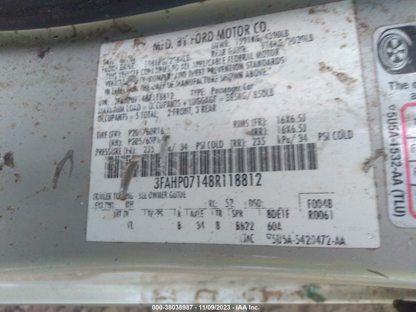 2008 Ford Fusion Se VIN: 3FAHP07148R118812 Lot: 38038987