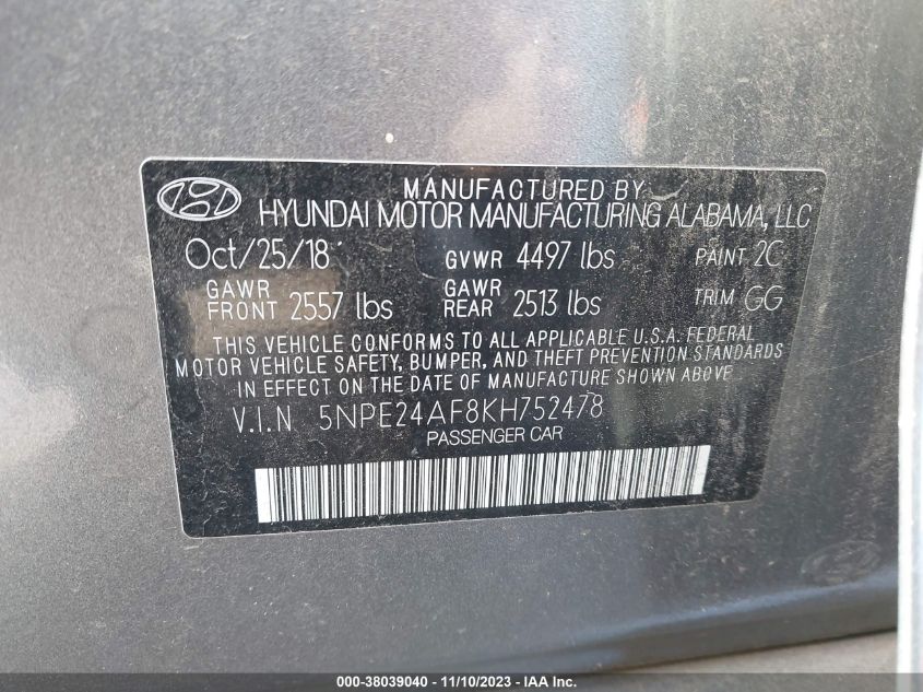 2019 Hyundai Sonata Se VIN: 5NPE24AF8KH752478 Lot: 38039040