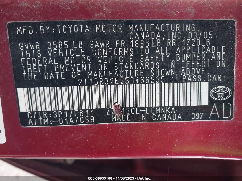 2005 Toyota Corolla Ce/S/Le VIN: 2T1BR32E25C466535 Lot: 38039108