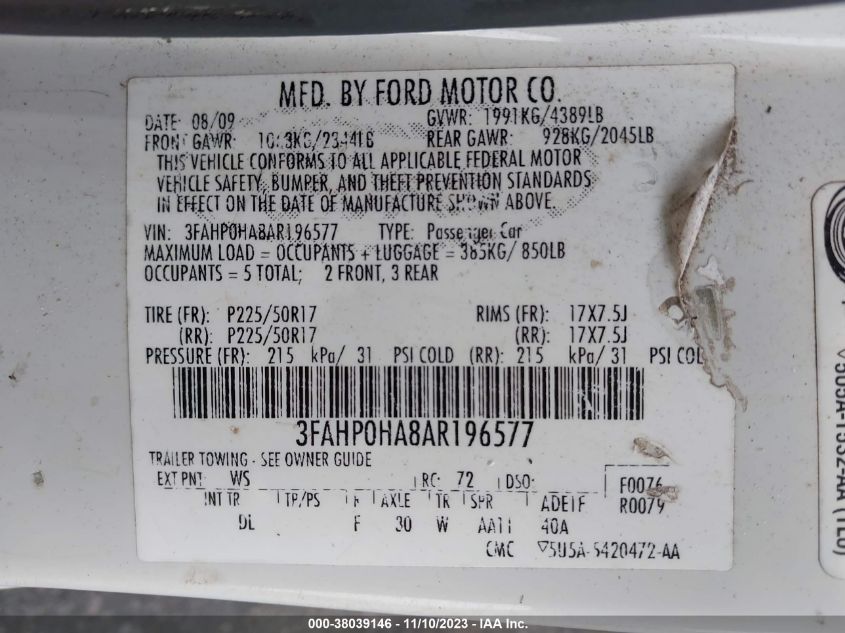 2010 Ford Fusion Se VIN: 3FAHP0HA8AR196577 Lot: 38039146