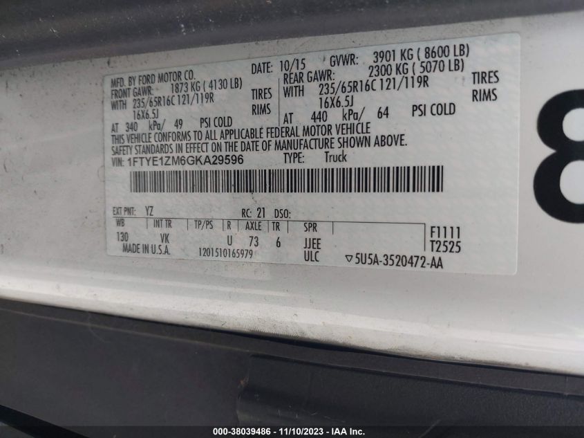 2016 Ford Transit Cargo Van VIN: 1FTYE1ZM6GKA29596 Lot: 38039486