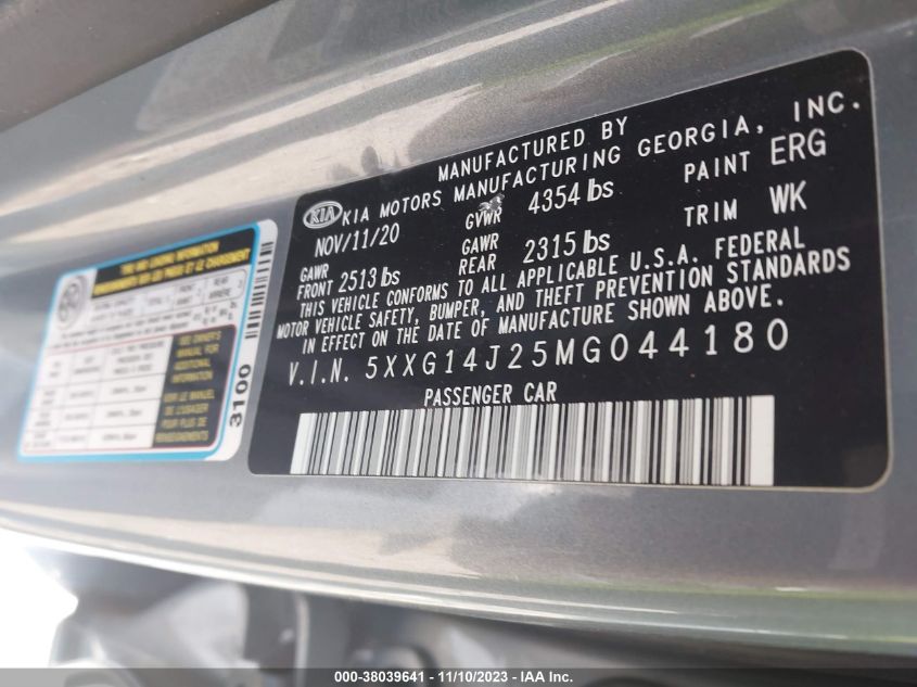 2021 Kia K5 Lxs VIN: 5XXG14J25MG044180 Lot: 38039641