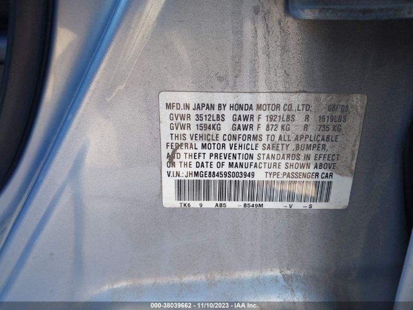 2009 Honda Fit Sport VIN: JHMGE88459S003949 Lot: 38039662