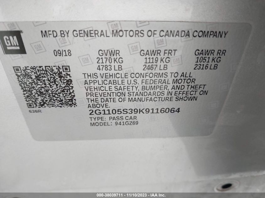 2019 Chevrolet Impala Premier VIN: 2G1105S39K9116064 Lot: 38039711