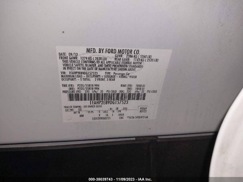 2013 Ford Taurus Sel VIN: 1FAHP2E89DG157523 Lot: 38039743