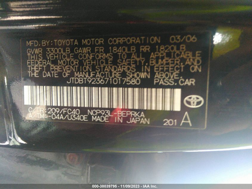 2007 Toyota Yaris Base/S VIN: JTDBT923671017580 Lot: 38039795