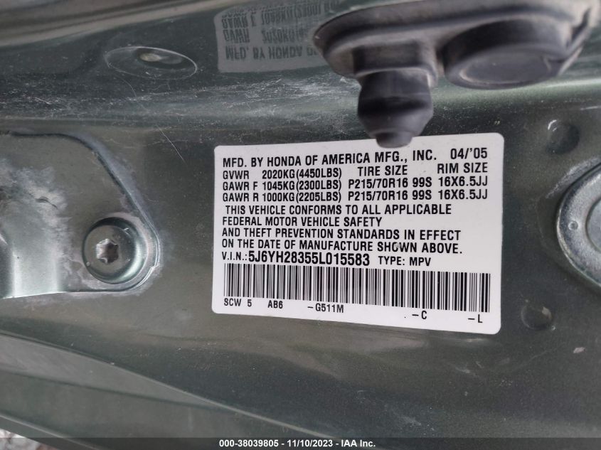 2005 Honda Element Lx VIN: 5J6YH28355L015583 Lot: 38039805