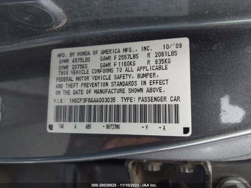 2010 Honda Accord Sdn Ex-L VIN: 1HGCP3F84AA003035 Lot: 38039825