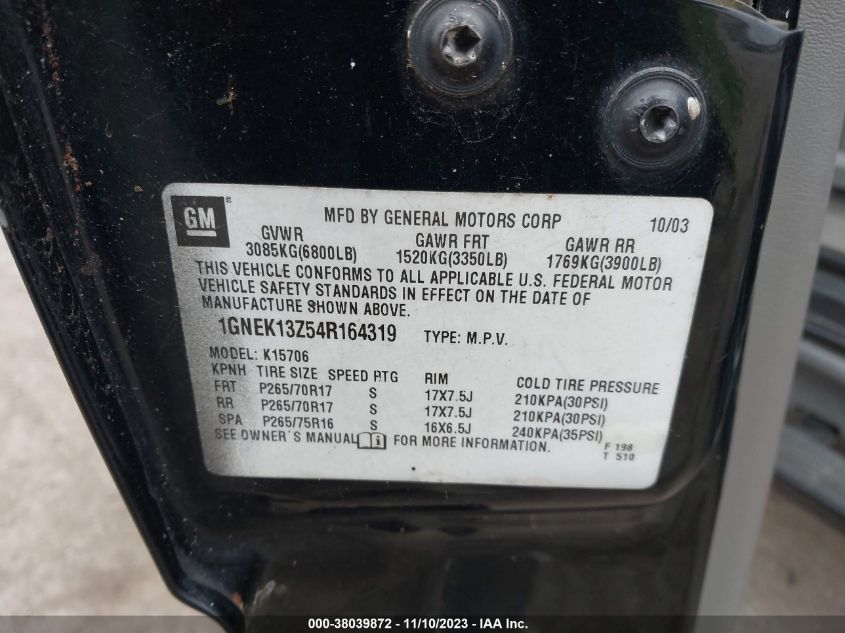 2004 Chevrolet Tahoe Z71 VIN: 1GNEK13Z54R164319 Lot: 38039872